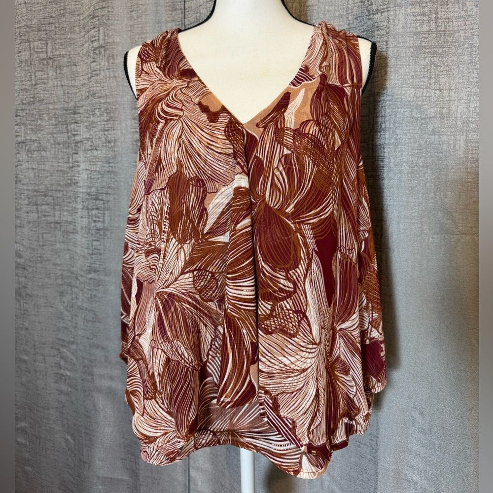 DKNY Brown and White Sleeveless Layered Blouse - Large (A014)